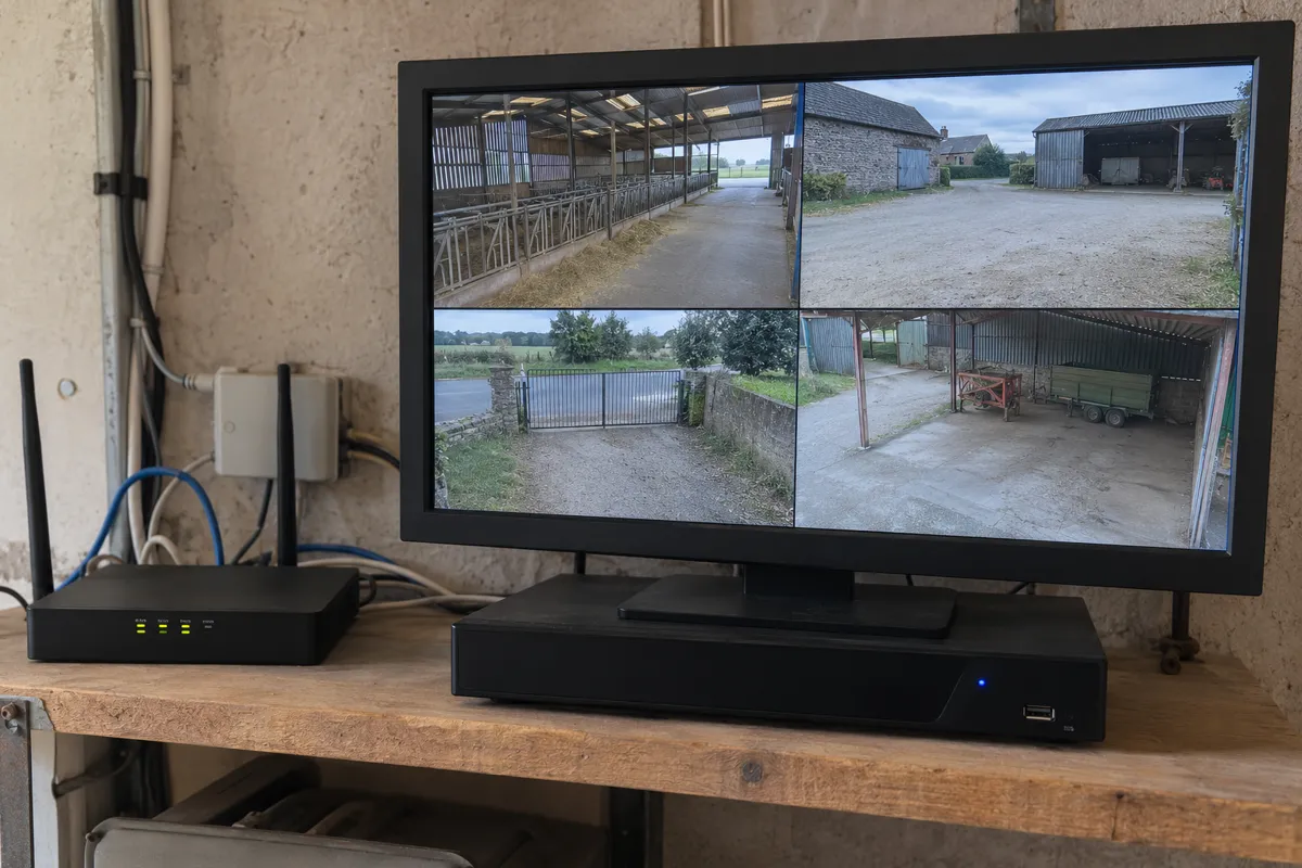 Enregistreur vidéo, routeur et écran montrant quatre vues de bâtiments agricoles